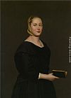 Famous Dress Paintings - Portrait of Donna Alba Regina del Ferro - three quarter length in a black dress holding a book